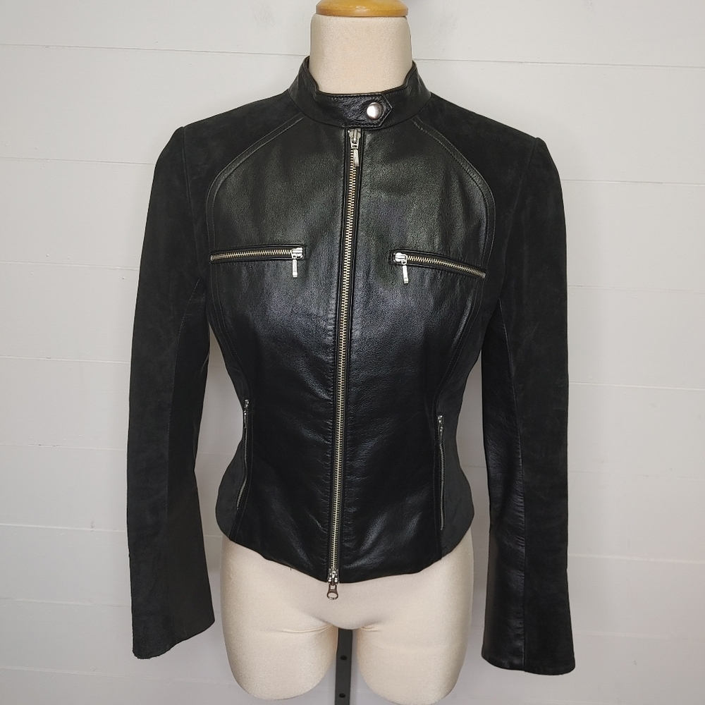 Danier Black Leather Zip-Front Moto Jacket